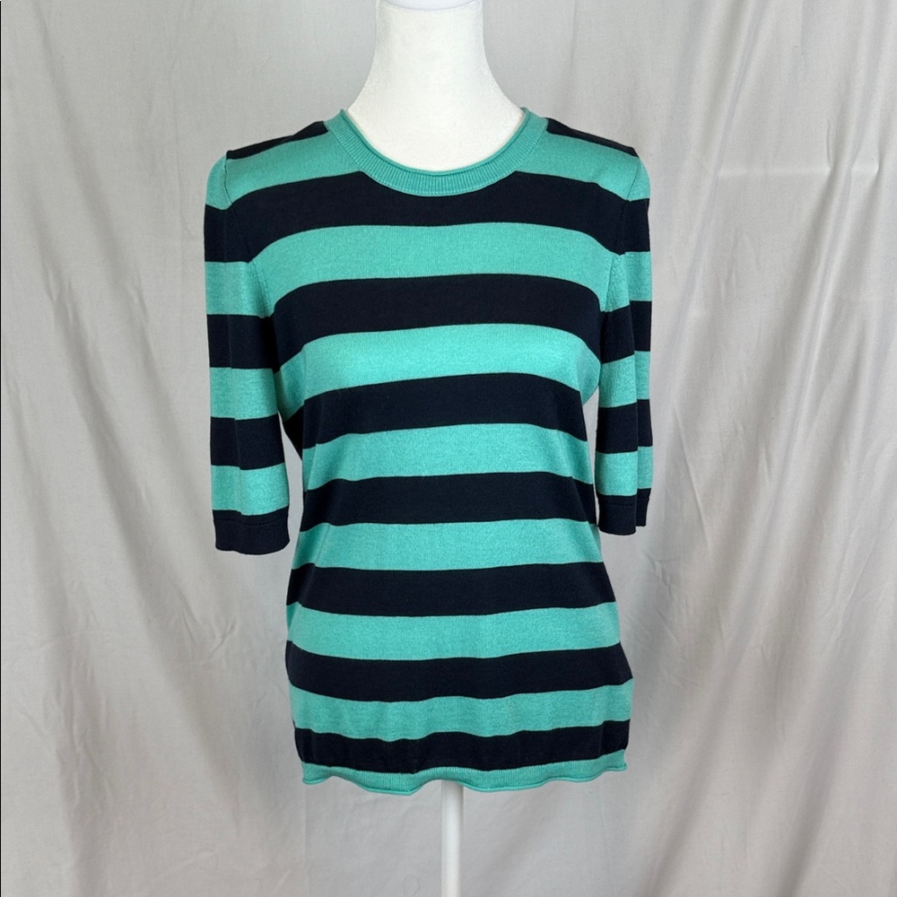 Banana Republic Teal and Navy Striped Silk Cashmere Short Sleeved Top Small